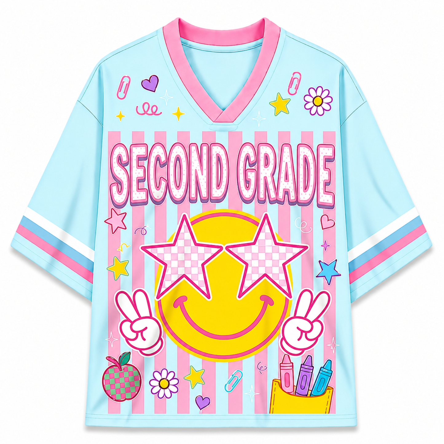 Children's jersey with 'SECOND GRADE' text and colorful graphics on a white background