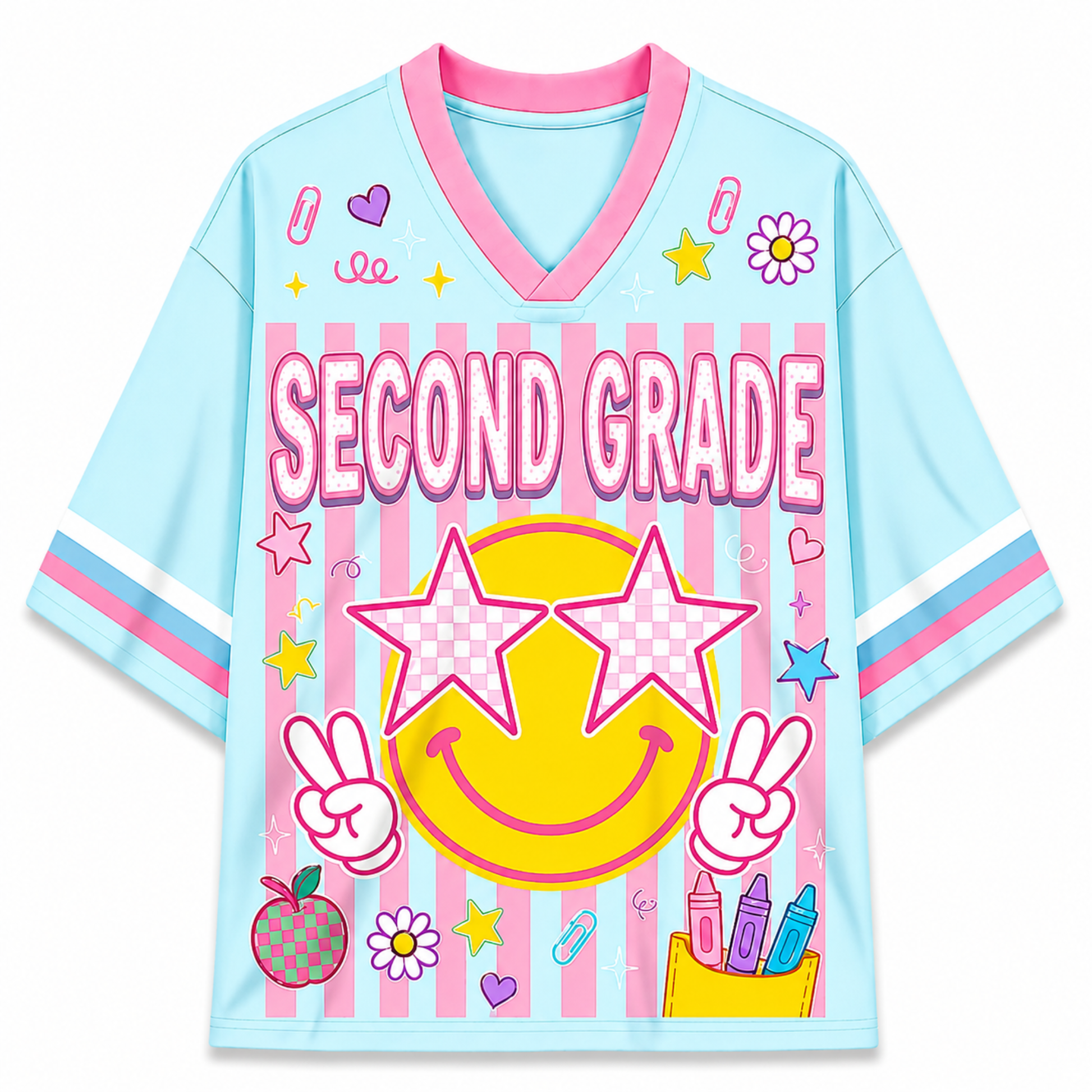 Children's jersey with 'SECOND GRADE' text and colorful graphics on a white background