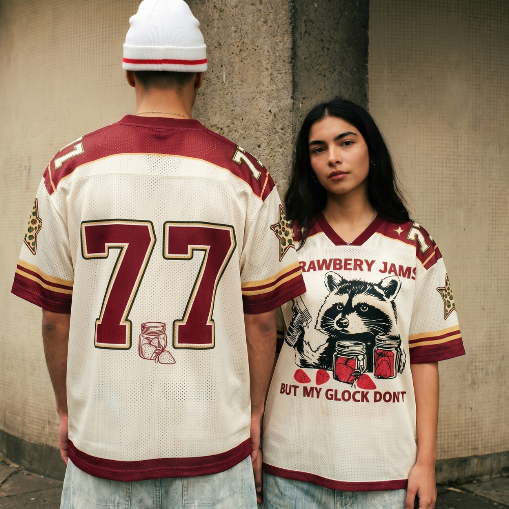 ChaoticClub Strawberry Jams Raccoon Red Mesh Jersey Funny Graphic Tee