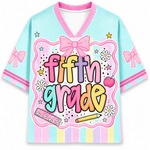 Colorful shirt with 'fifth grade' text and decorative elements on a white background