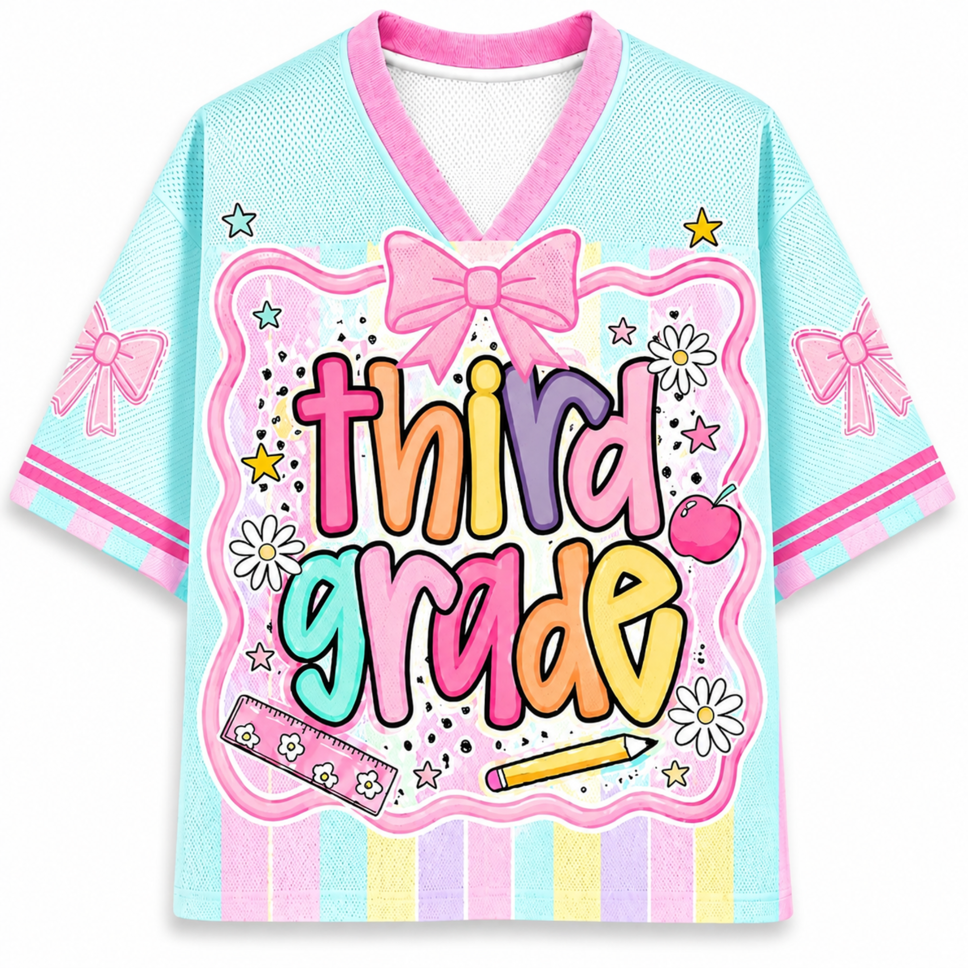 ChaoticClub Preppy Back To School Kindergarten Mesh Jersey front and back view featuring light blue and pink pastel stripes, coquette bows, and custom name 03.