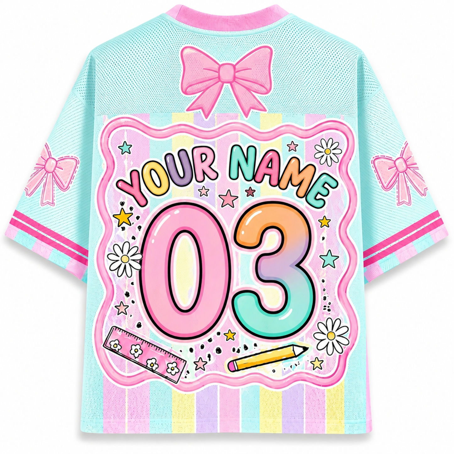 Pastel-colored shirt with 'Your Name 03' design on a white background