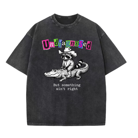 ChaoticClub Undiagnosed Raccoon Washed T-Shirt, vintage oversized graphic tee on sand beige washed cotton featuring a cool raccoon in a cowboy hat riding an alligator with colorful ransom-style text.