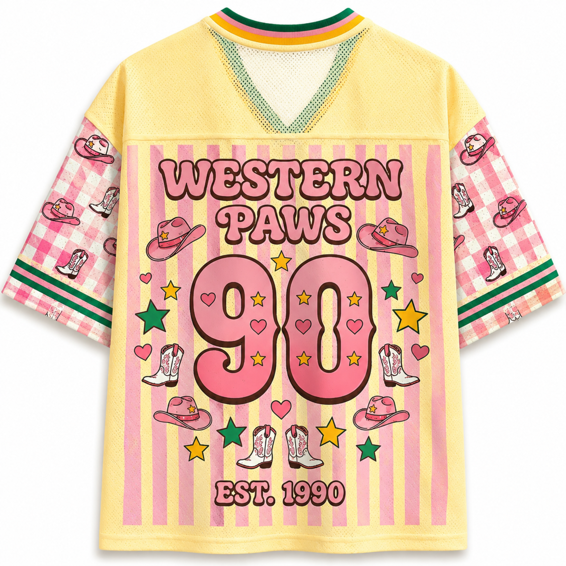 ChaoticClub preppy weenie dog mesh jersey back view showing Western Paws 90s inspired graphic design with colorful retro typography and star elements