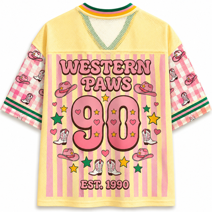 ChaoticClub preppy weenie dog mesh jersey back view showing Western Paws 90s inspired graphic design with colorful retro typography and star elements