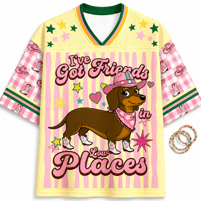 ChaoticClub I’ve Got Friends in Low Places preppy mesh jersey front view featuring dachshund weenie dog western graphic with pink vintage striped background and bold typography