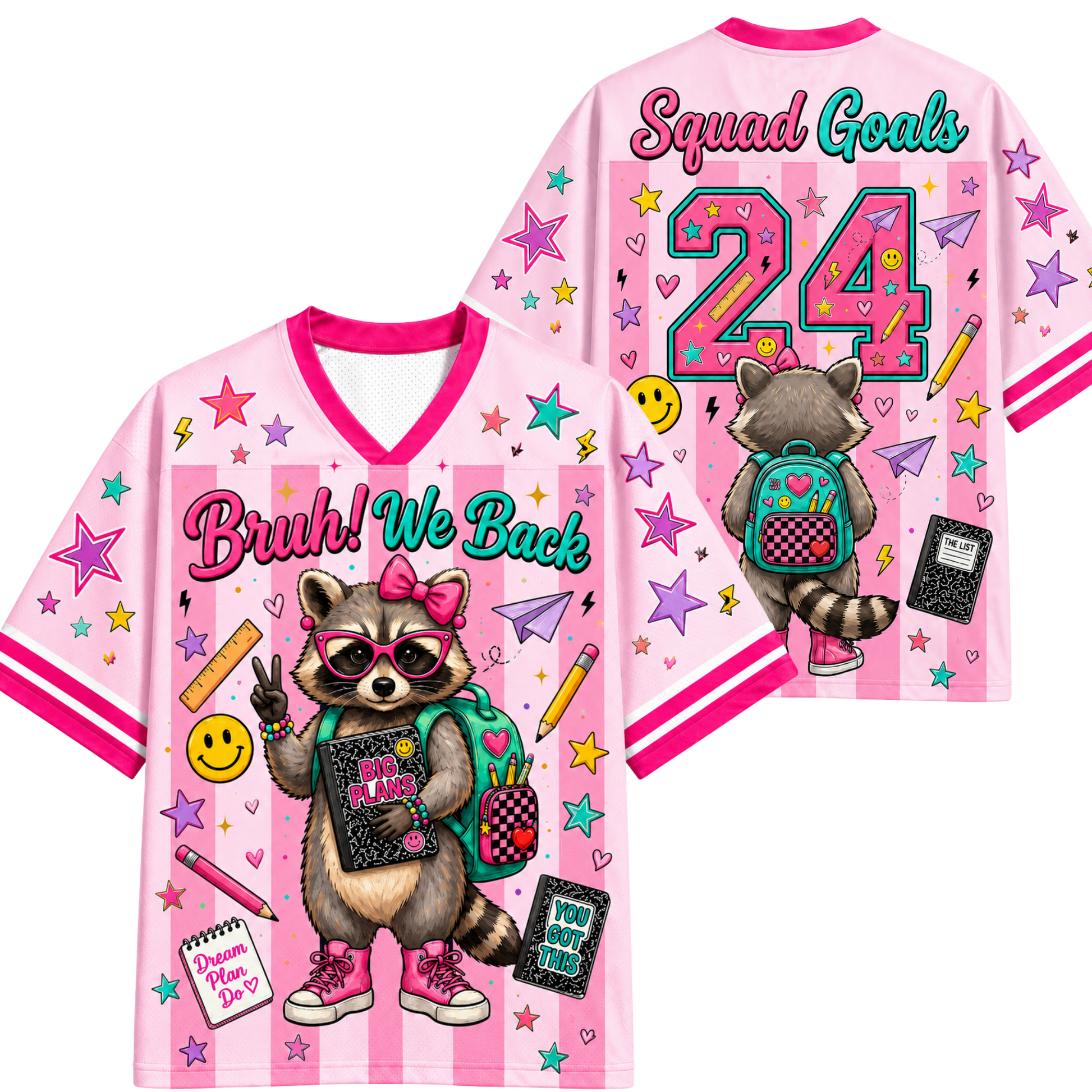Pink sports jersey with raccoon graphics and text on a white background