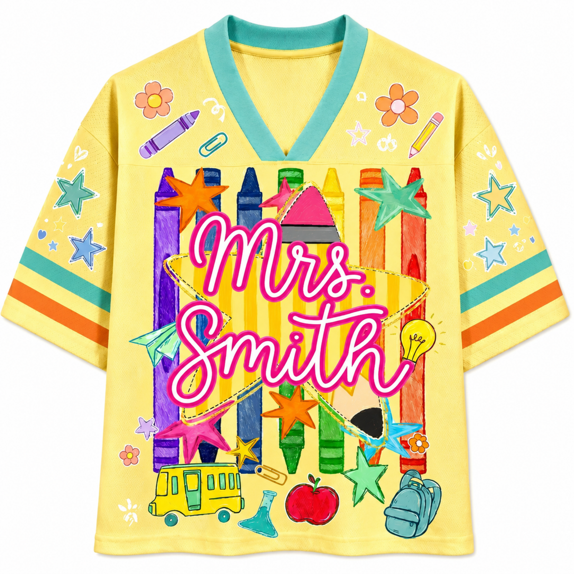 Yellow shirt with colorful crayon design and 'Mrs. Smith' text on a white background
