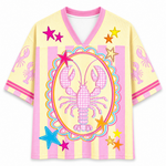 ChaoticClub preppy coastal mesh jersey front view showing a V-neck collar, pastel stripes, and a large pink gingham lobster framed with colorful stars.