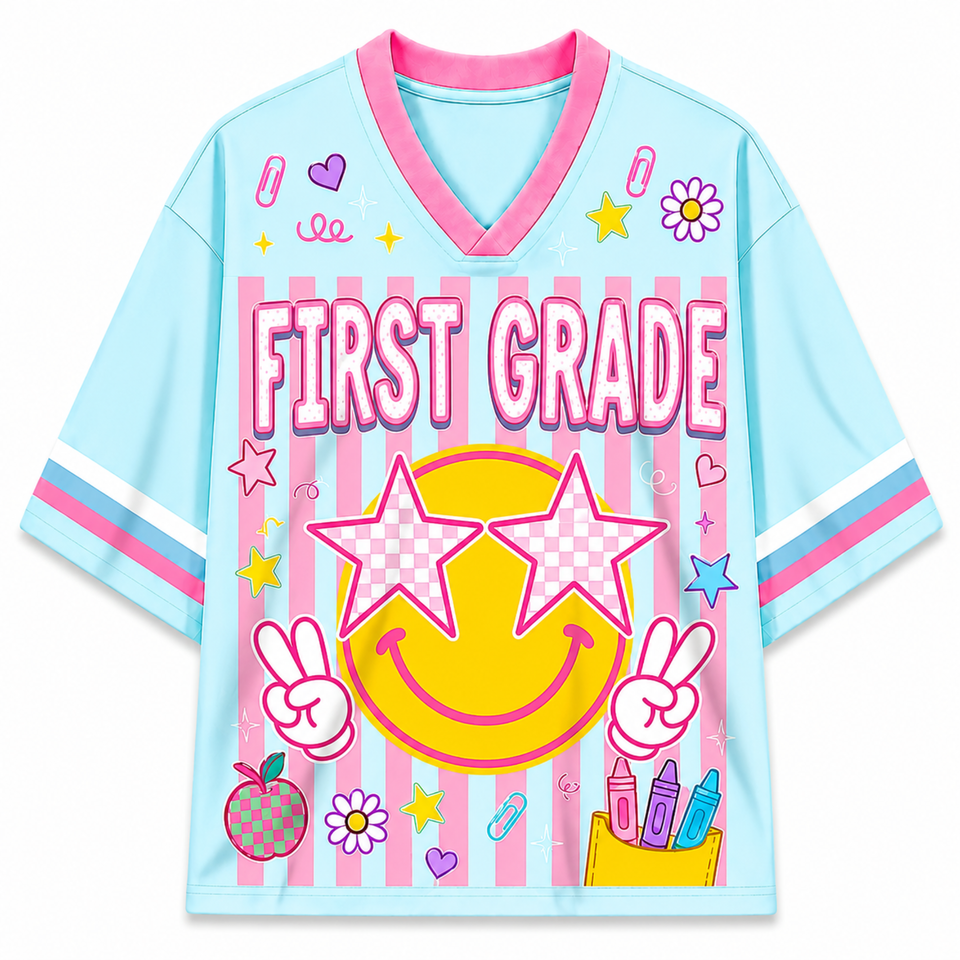 Children's t-shirt with 'First Grade' design on a white background