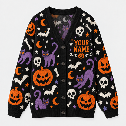 Chaotic Club Custom Halloween Black Cat Knit Cardigan