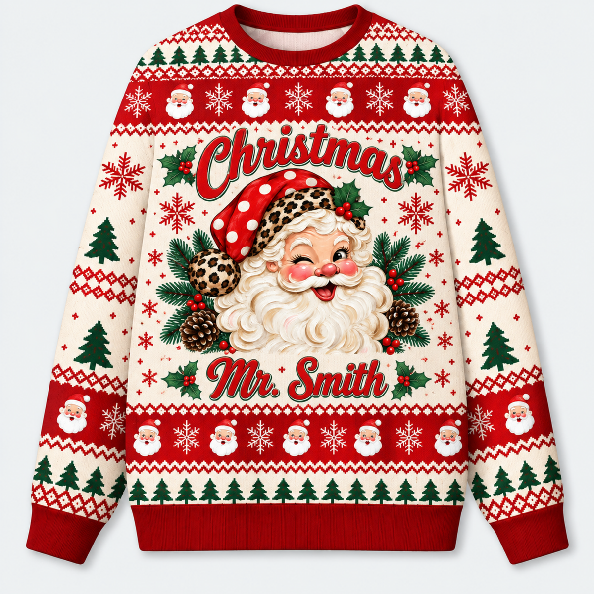 Chaotic Club Custom Winking Santa Leopard Hat Fair Isle Ugly Sweatshirt