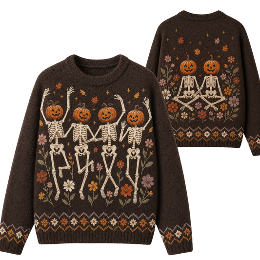 Chaotic Club Dancing Pumpkin Skeleton Floral Ugly Sweatshirt
