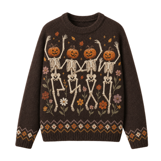Chaotic Club Dancing Pumpkin Skeleton Floral Ugly Sweatshirt