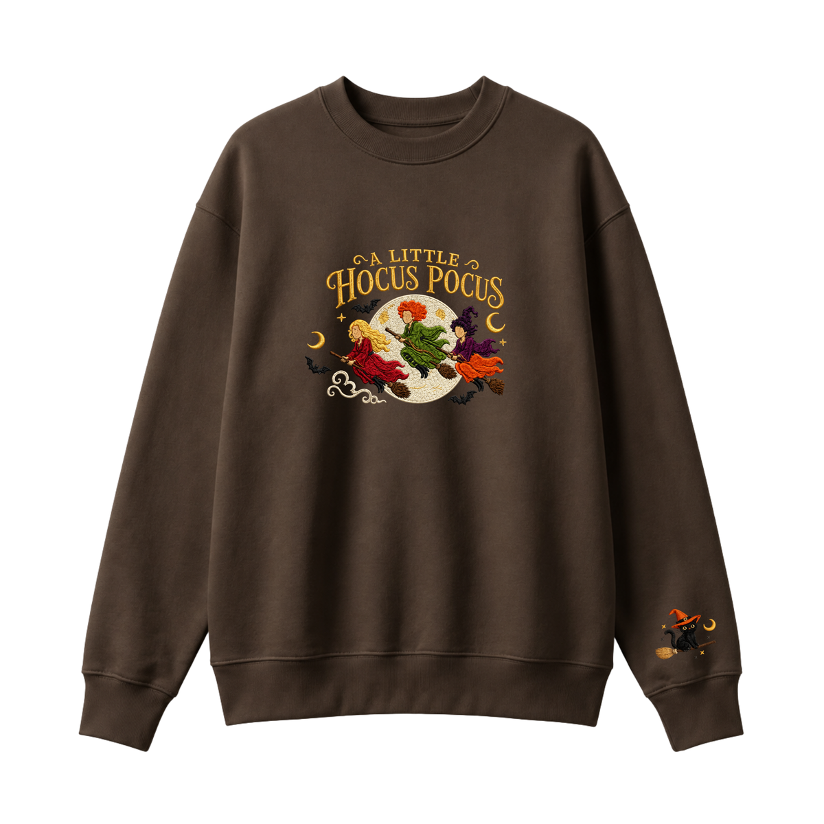 Chaotic Club Embroided A Little Hocus Pocus Flying Witches Full Moon Custom Sleeve Crewneck Sweatshirt