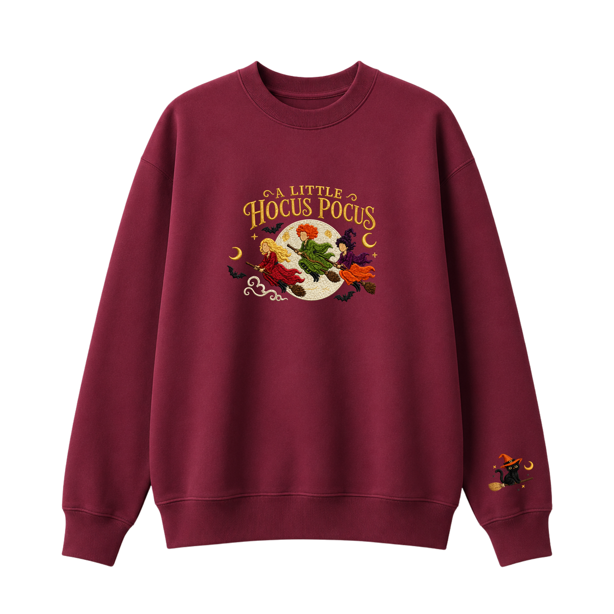 Chaotic Club Embroided A Little Hocus Pocus Flying Witches Full Moon Custom Sleeve Crewneck Sweatshirt