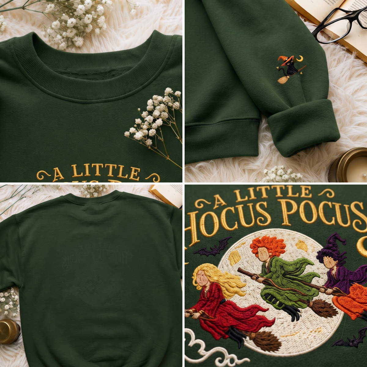 Chaotic Club Embroided A Little Hocus Pocus Flying Witches Full Moon Custom Sleeve Crewneck Sweatshirt