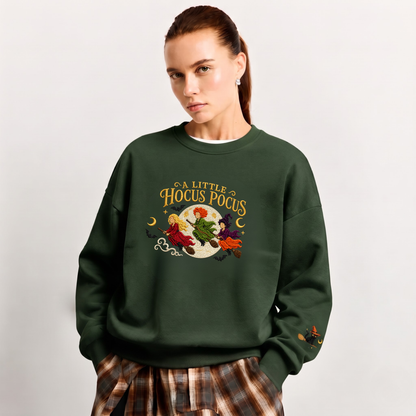 Chaotic Club Embroided A Little Hocus Pocus Flying Witches Full Moon Custom Sleeve Crewneck Sweatshirt
