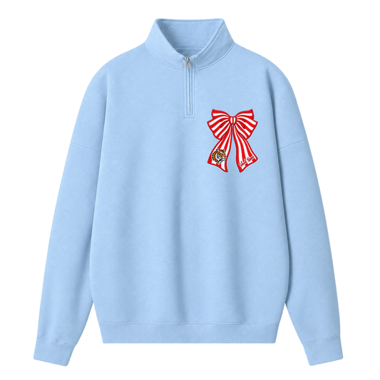 Chaotic Club Embroided Custom Coquette Striped Ribbon Bow Mascot Quarter Zip Sweatshirt
