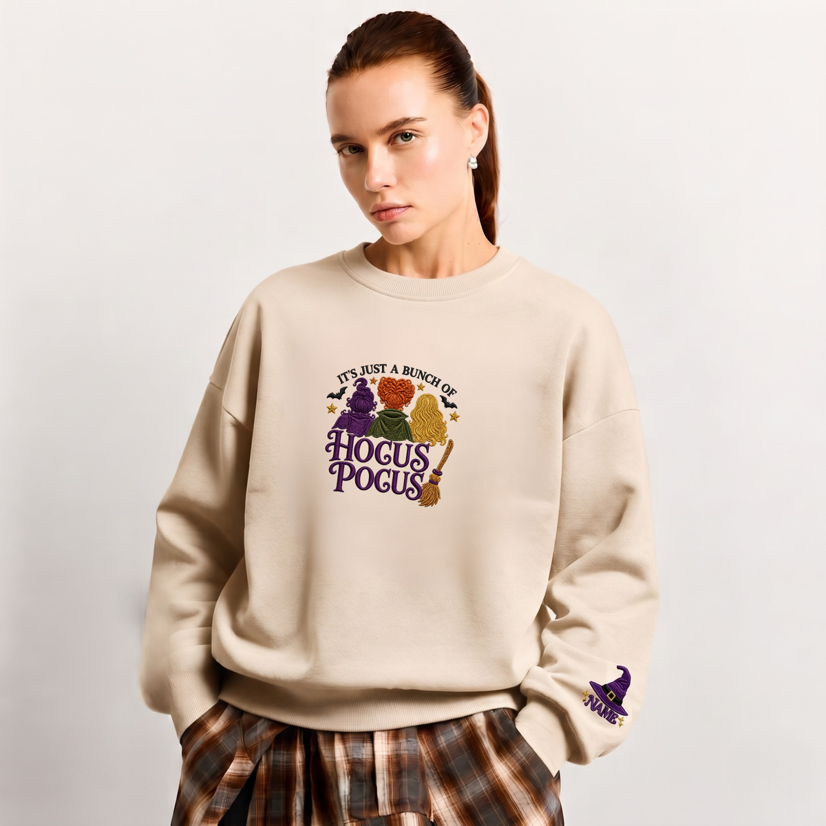 Chaotic Club Embroided It s Just A Bunch Of Hocus Pocus Sanderson Sisters Personalized Sleeve Crewneck Sweatshirt