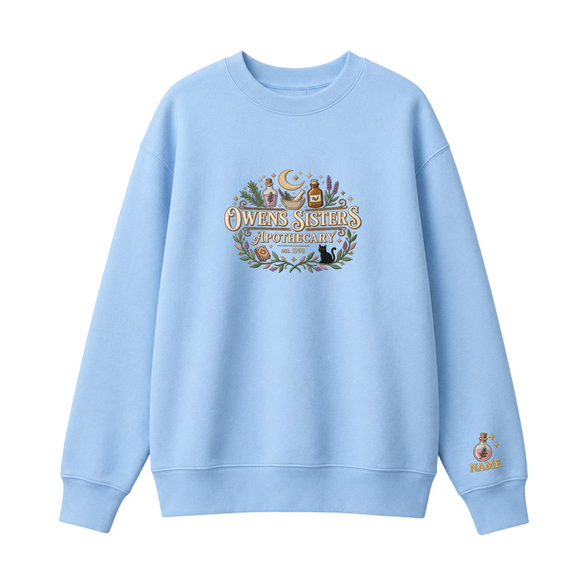Chaotic Club Embroided Owens Sisters Apothecary Personalized Sleeve Crewneck Sweatshirt