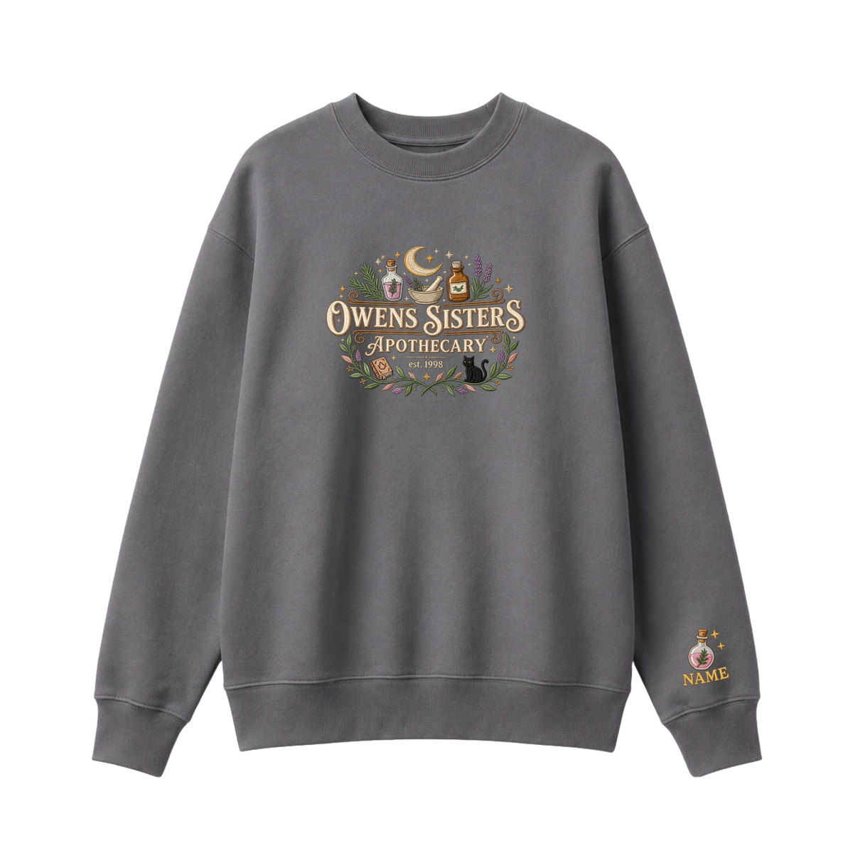 Chaotic Club Embroided Owens Sisters Apothecary Personalized Sleeve Crewneck Sweatshirt