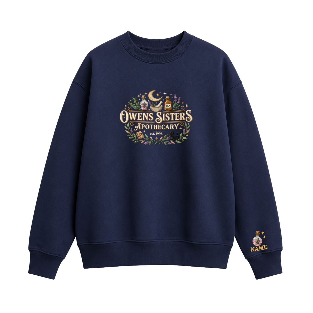 Chaotic Club Embroided Owens Sisters Apothecary Personalized Sleeve Crewneck Sweatshirt