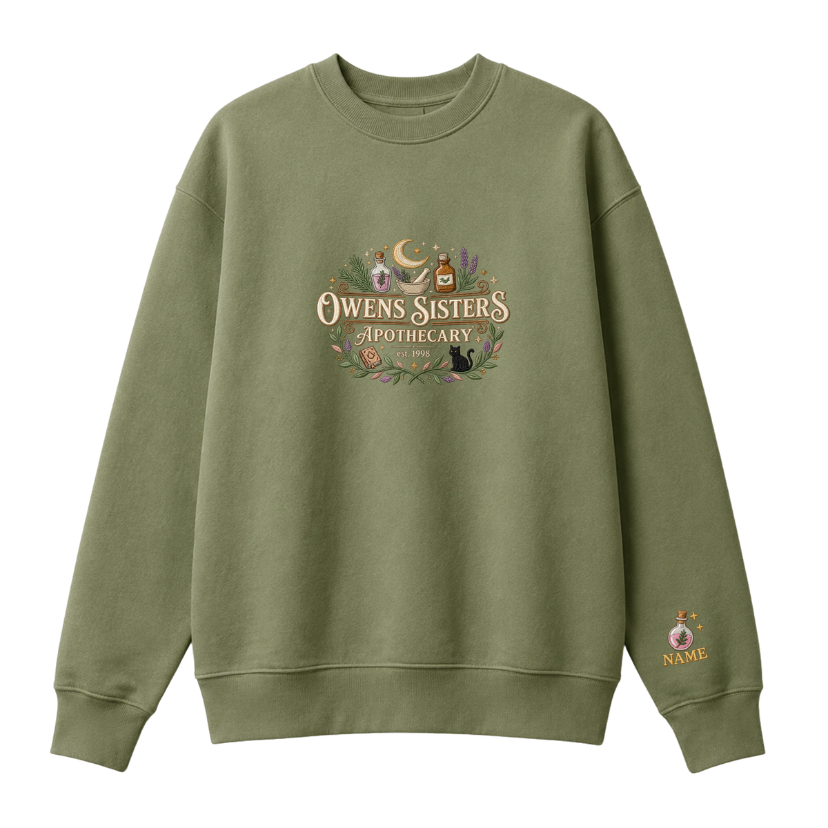 Chaotic Club Embroided Owens Sisters Apothecary Personalized Sleeve Crewneck Sweatshirt