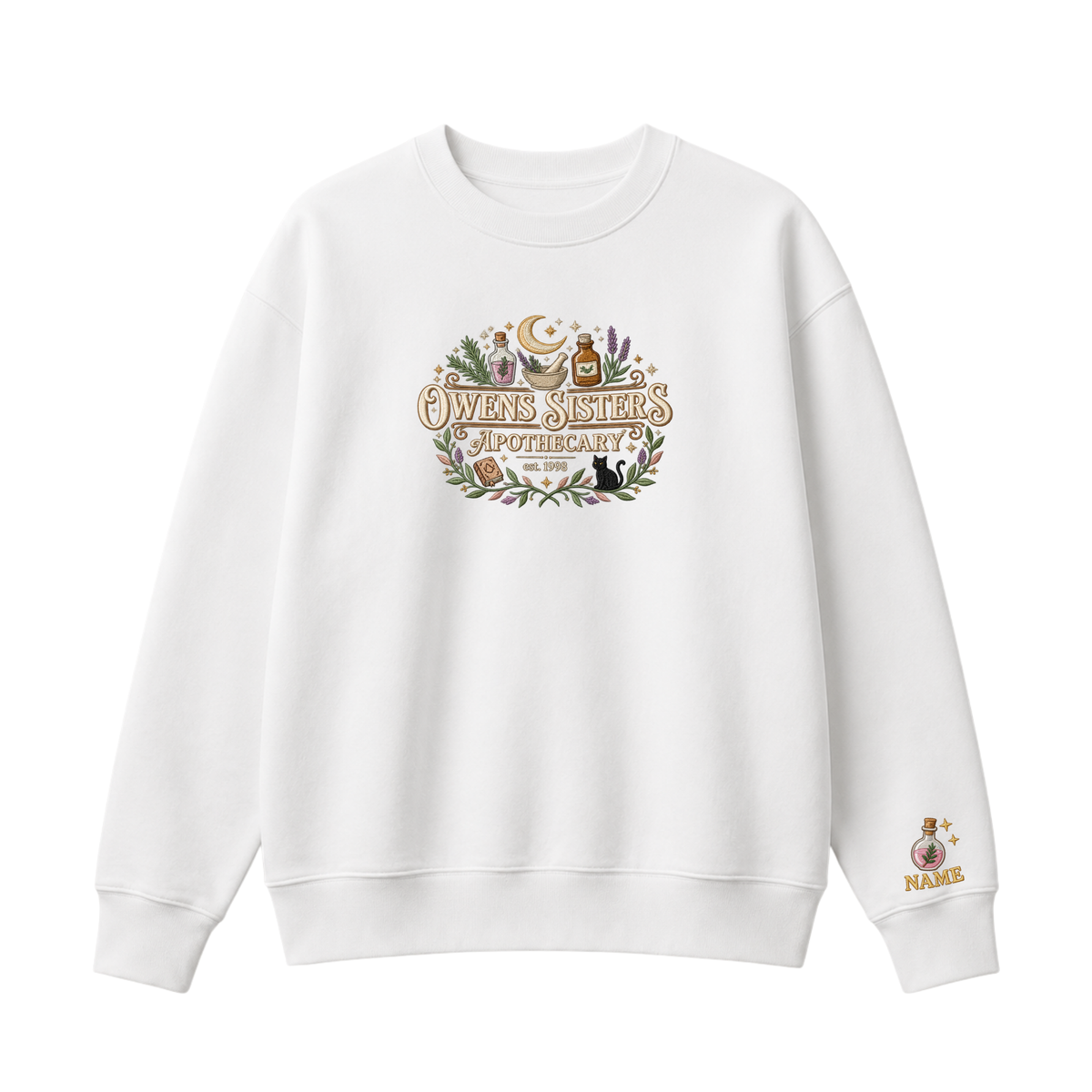Chaotic Club Embroided Owens Sisters Apothecary Personalized Sleeve Crewneck Sweatshirt