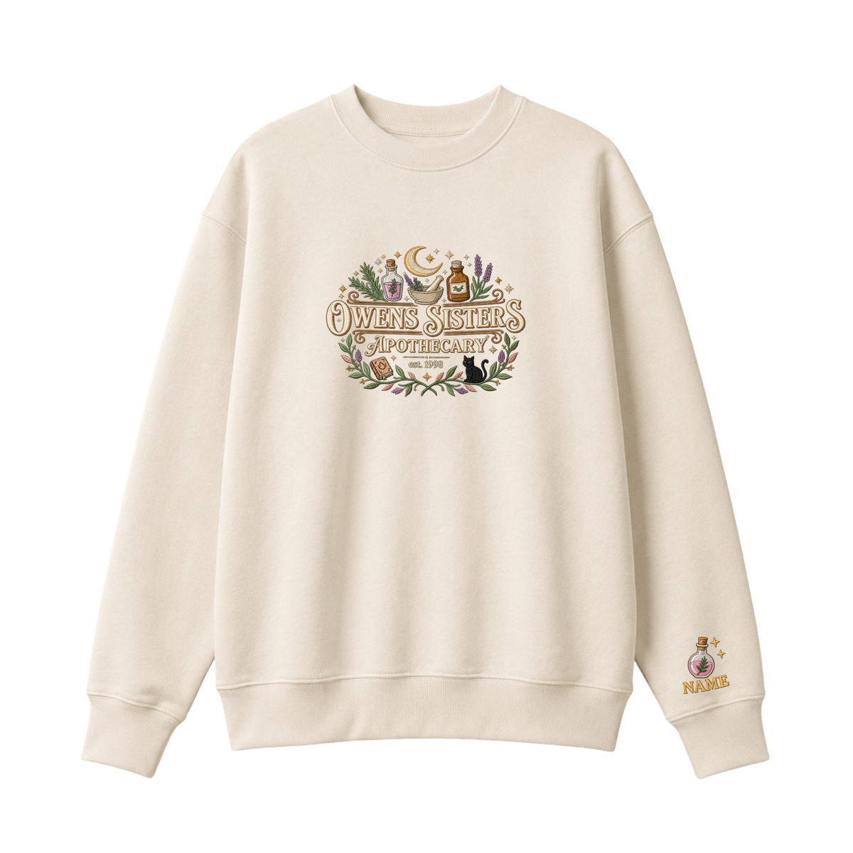 Chaotic Club Embroided Owens Sisters Apothecary Personalized Sleeve Crewneck Sweatshirt