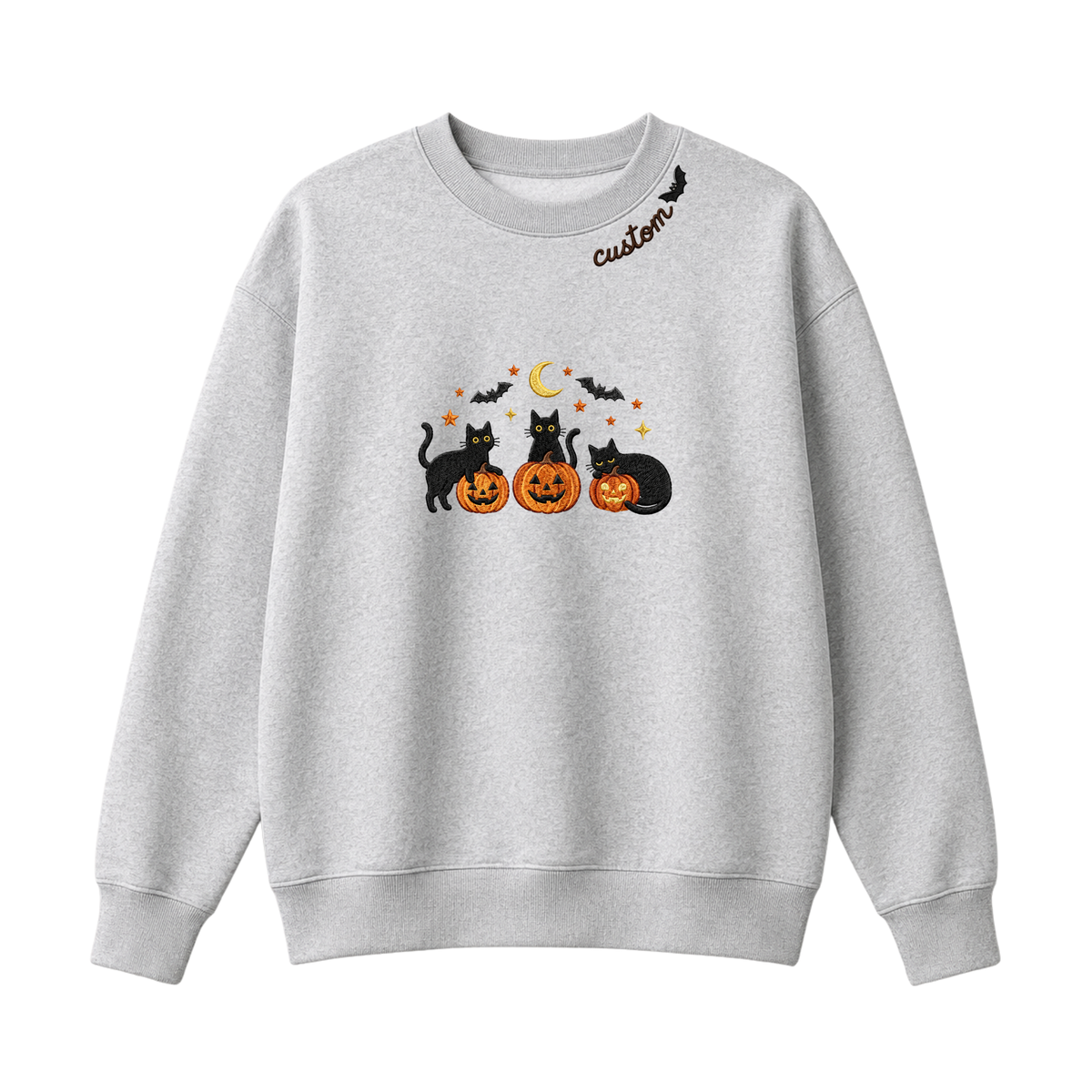 Chaotic Club Embroided Spooky Black Cats Jack O Lanterns Custom Neckline Crewneck Sweatshirt