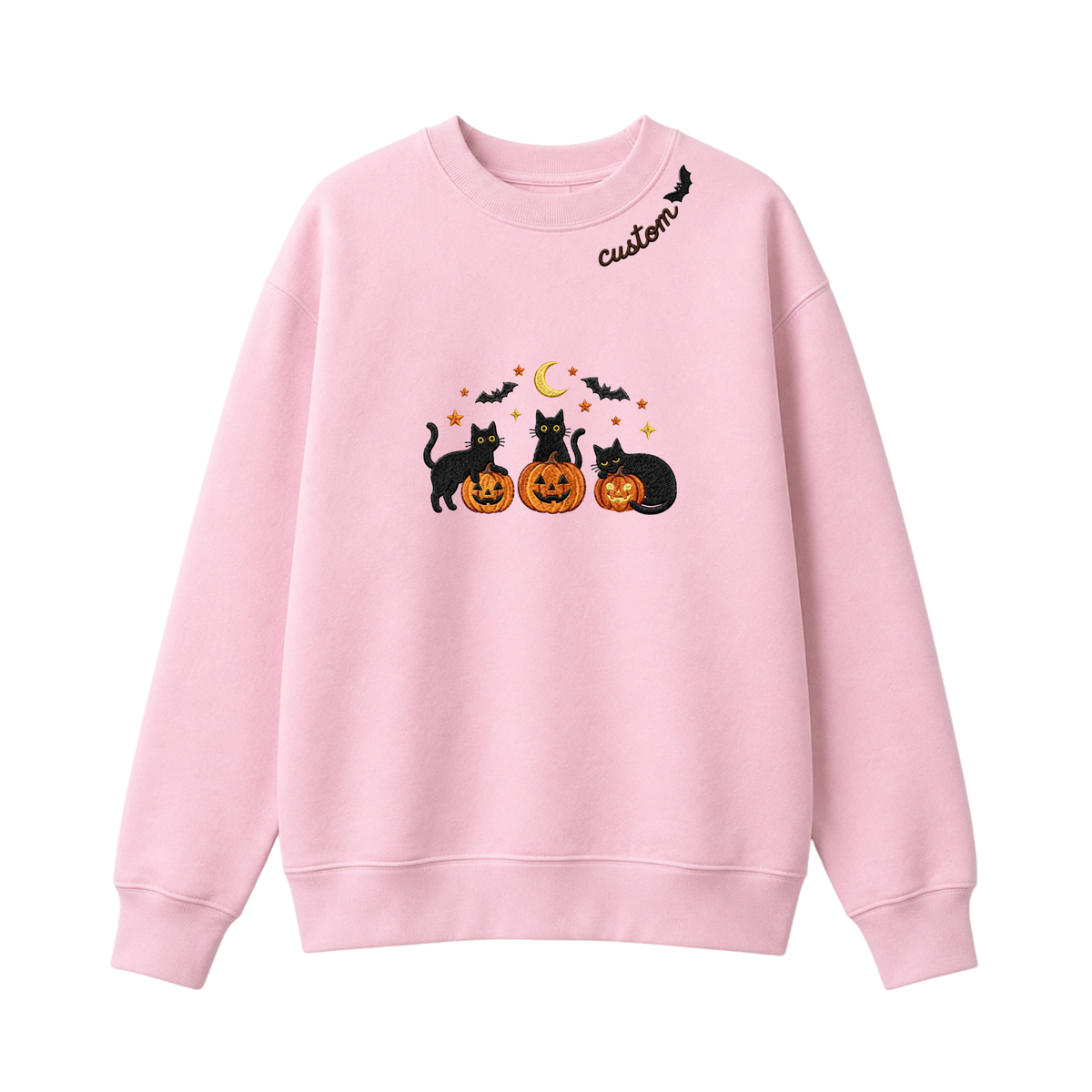 Chaotic Club Embroided Spooky Black Cats Jack O Lanterns Custom Neckline Crewneck Sweatshirt