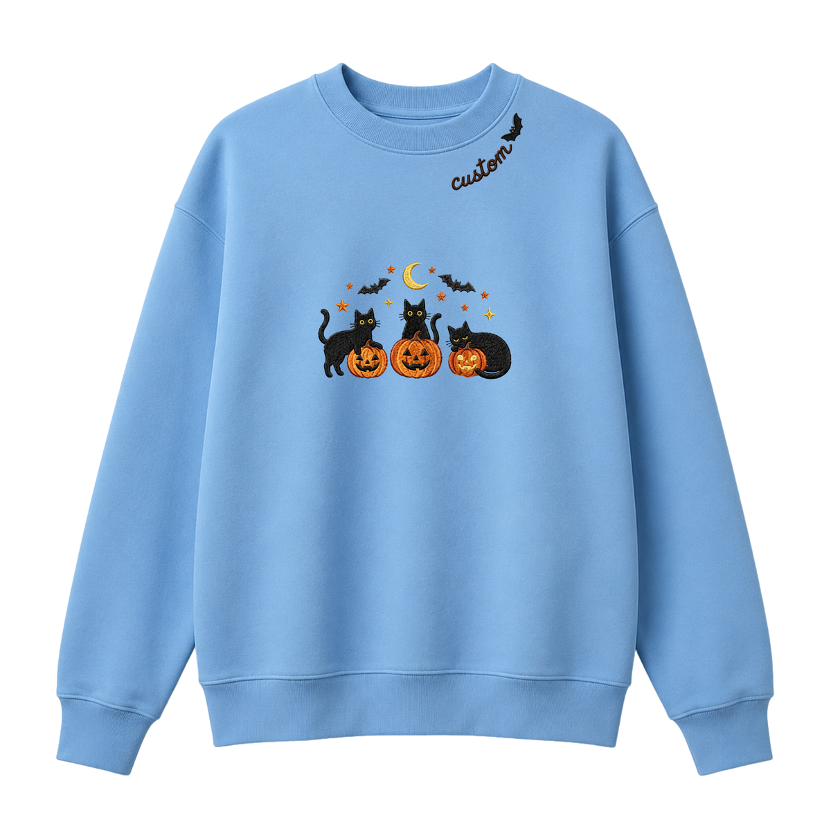 Chaotic Club Embroided Spooky Black Cats Jack O Lanterns Custom Neckline Crewneck Sweatshirt