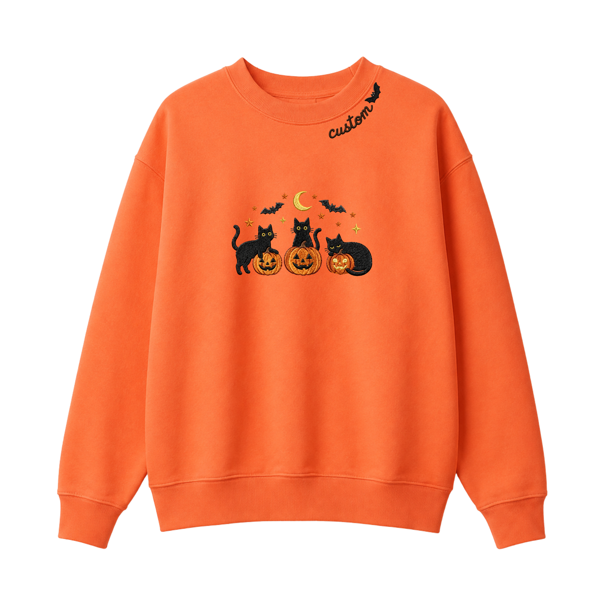 Chaotic Club Embroided Spooky Black Cats Jack O Lanterns Custom Neckline Crewneck Sweatshirt