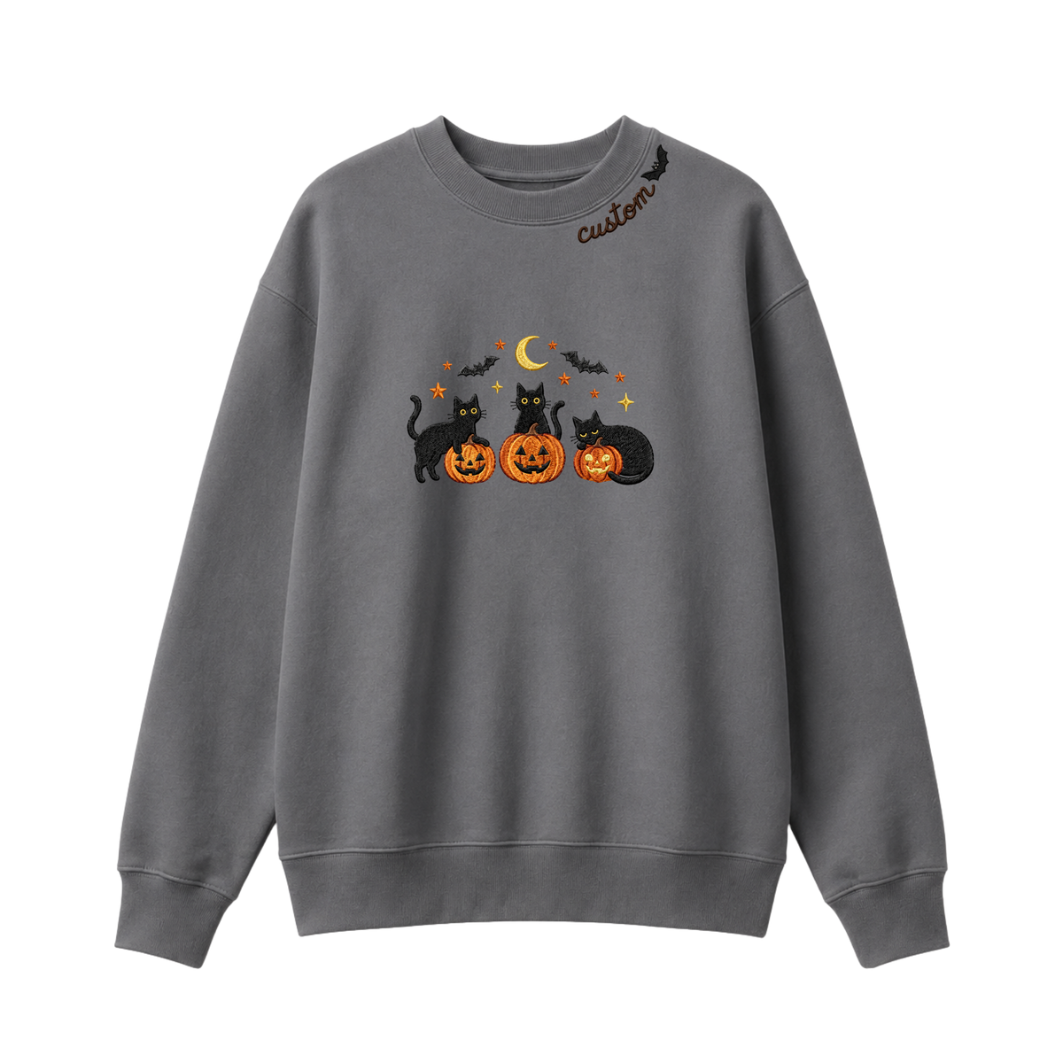 Chaotic Club Embroided Spooky Black Cats Jack O Lanterns Custom Neckline Crewneck Sweatshirt