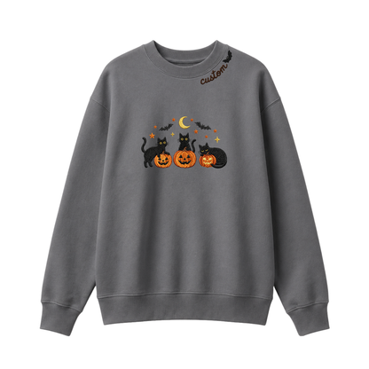 Chaotic Club Embroided Spooky Black Cats Jack O Lanterns Custom Neckline Crewneck Sweatshirt