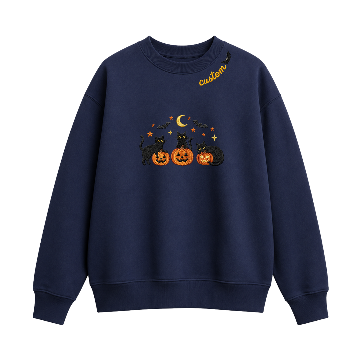 Chaotic Club Embroided Spooky Black Cats Jack O Lanterns Custom Neckline Crewneck Sweatshirt