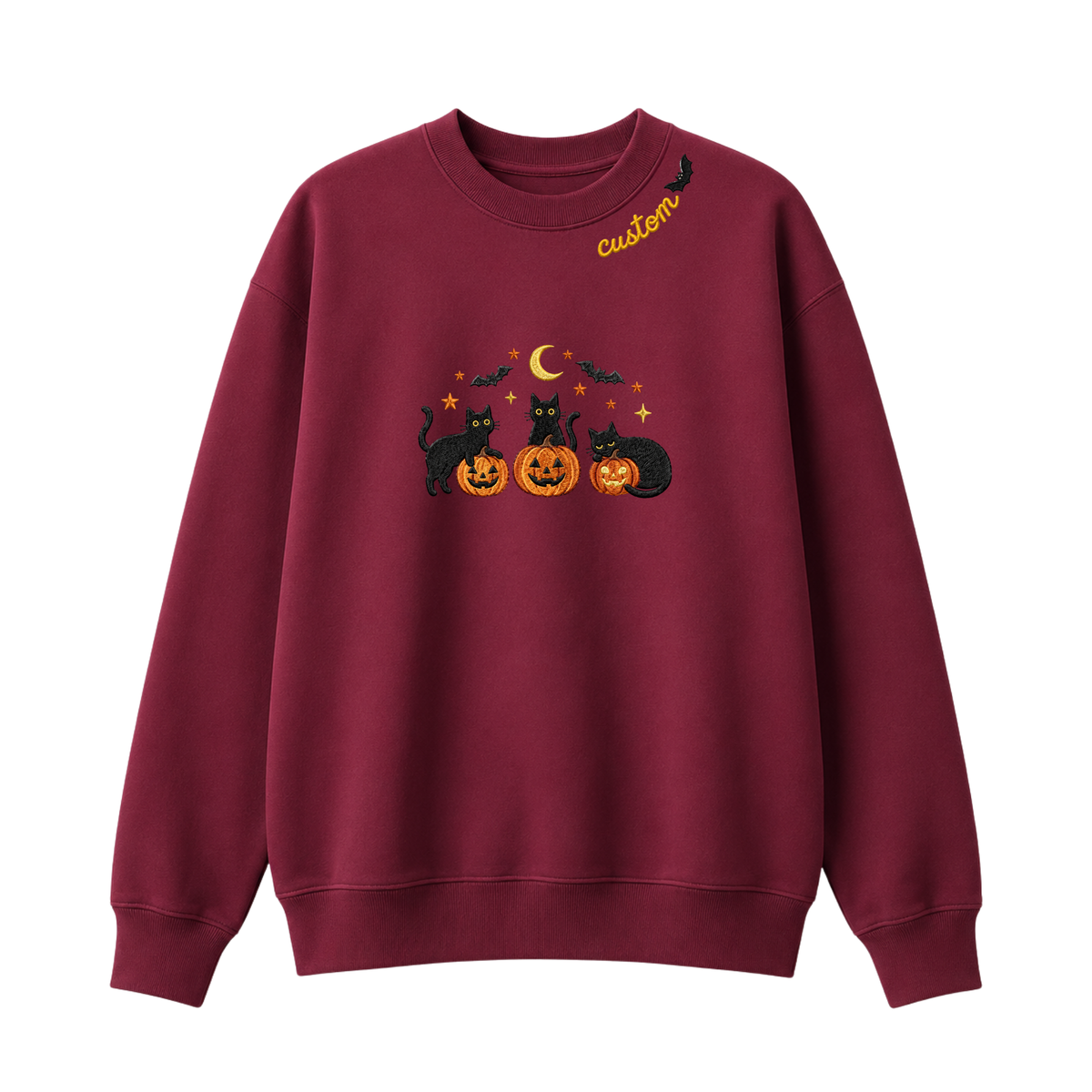 Chaotic Club Embroided Spooky Black Cats Jack O Lanterns Custom Neckline Crewneck Sweatshirt
