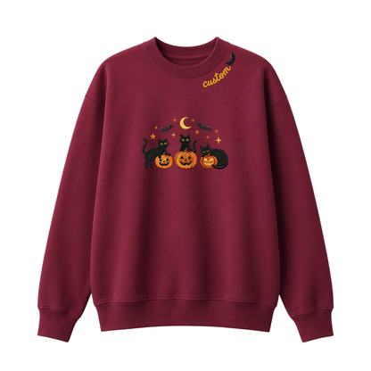 Chaotic Club Embroided Spooky Black Cats Jack O Lanterns Custom Neckline Crewneck Sweatshirt