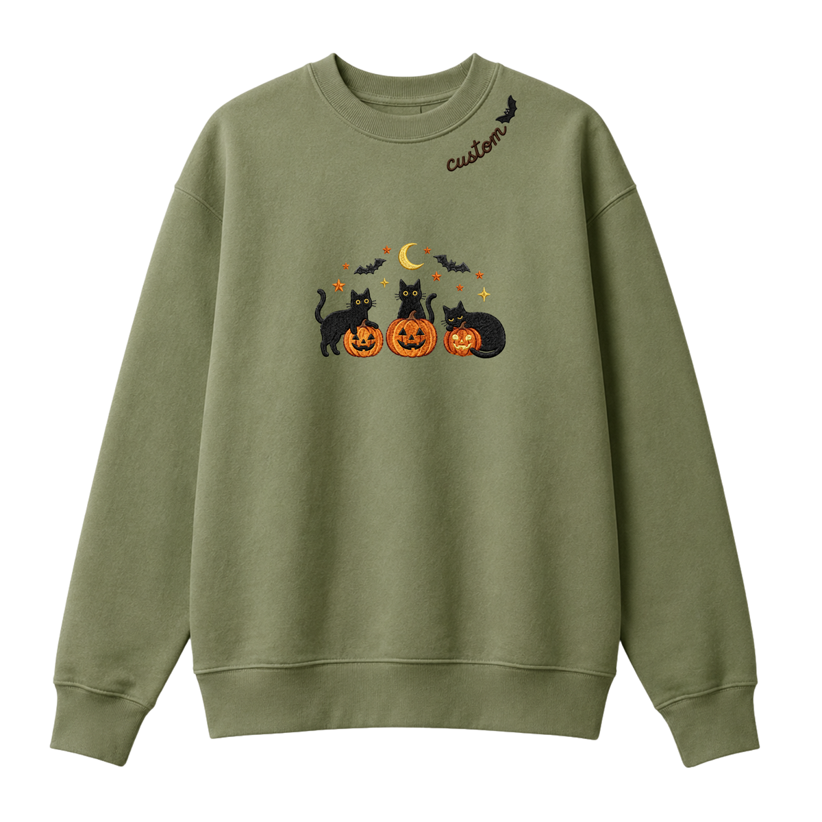 Chaotic Club Embroided Spooky Black Cats Jack O Lanterns Custom Neckline Crewneck Sweatshirt