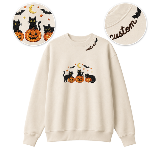 Chaotic Club Embroided Spooky Black Cats Jack O Lanterns Custom Neckline Crewneck Sweatshirt