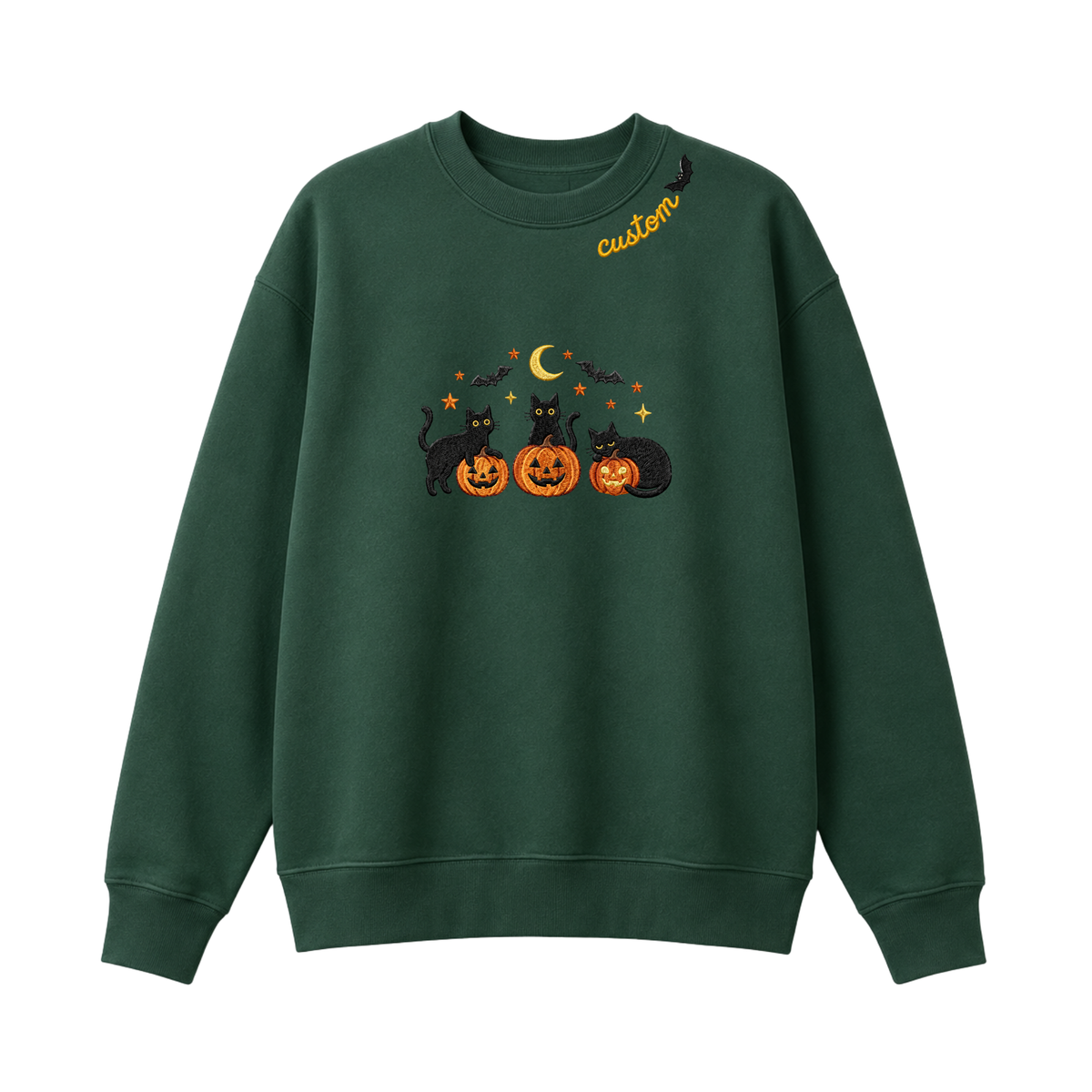 Chaotic Club Embroided Spooky Black Cats Jack O Lanterns Custom Neckline Crewneck Sweatshirt