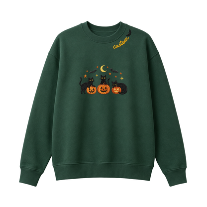 Chaotic Club Embroided Spooky Black Cats Jack O Lanterns Custom Neckline Crewneck Sweatshirt