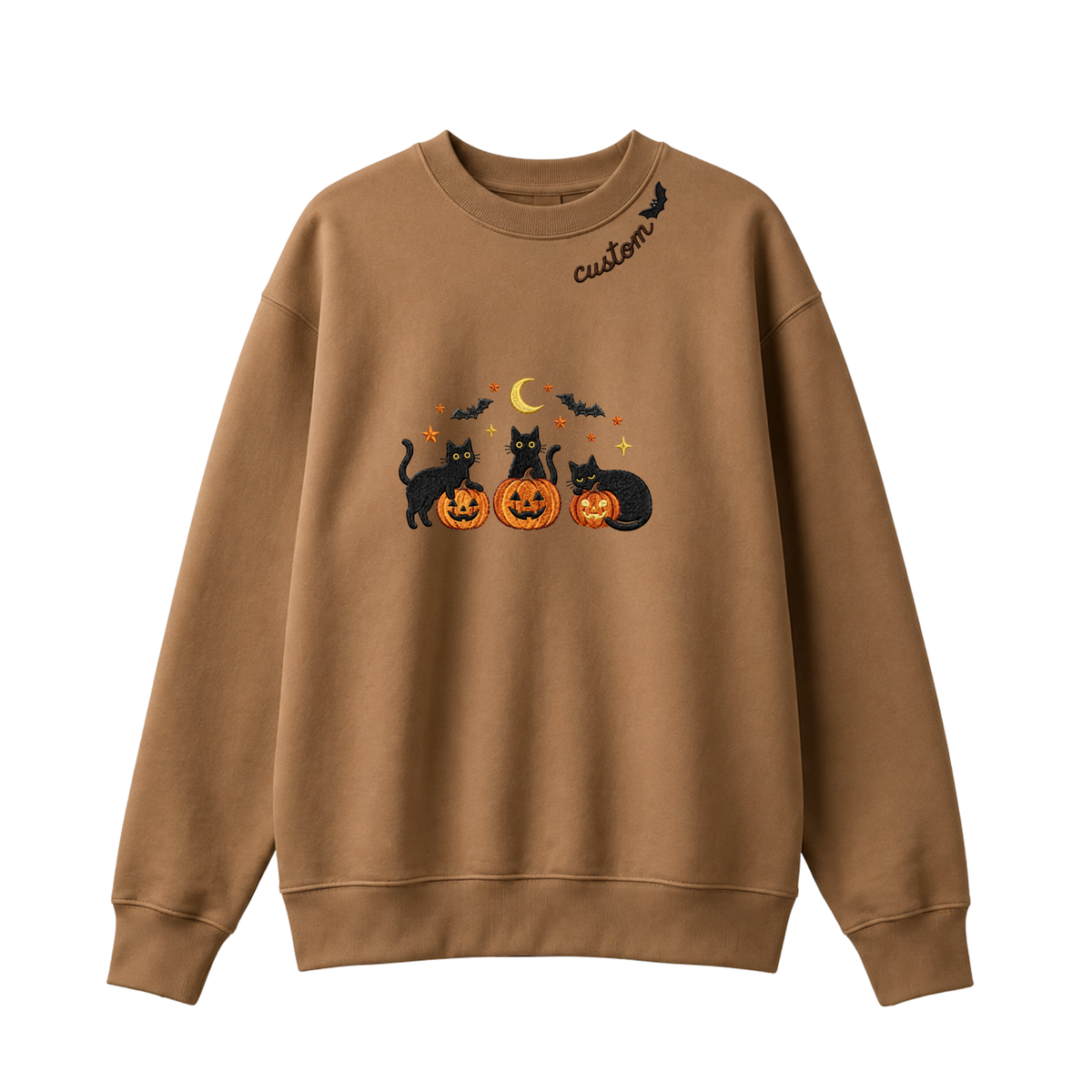 Chaotic Club Embroided Spooky Black Cats Jack O Lanterns Custom Neckline Crewneck Sweatshirt