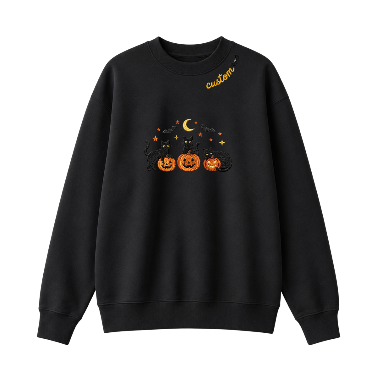 Chaotic Club Embroided Spooky Black Cats Jack O Lanterns Custom Neckline Crewneck Sweatshirt