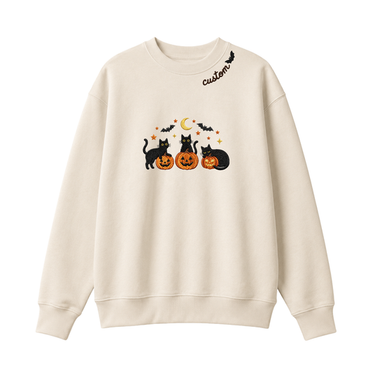 Chaotic Club Embroided Spooky Black Cats Jack O Lanterns Custom Neckline Crewneck Sweatshirt
