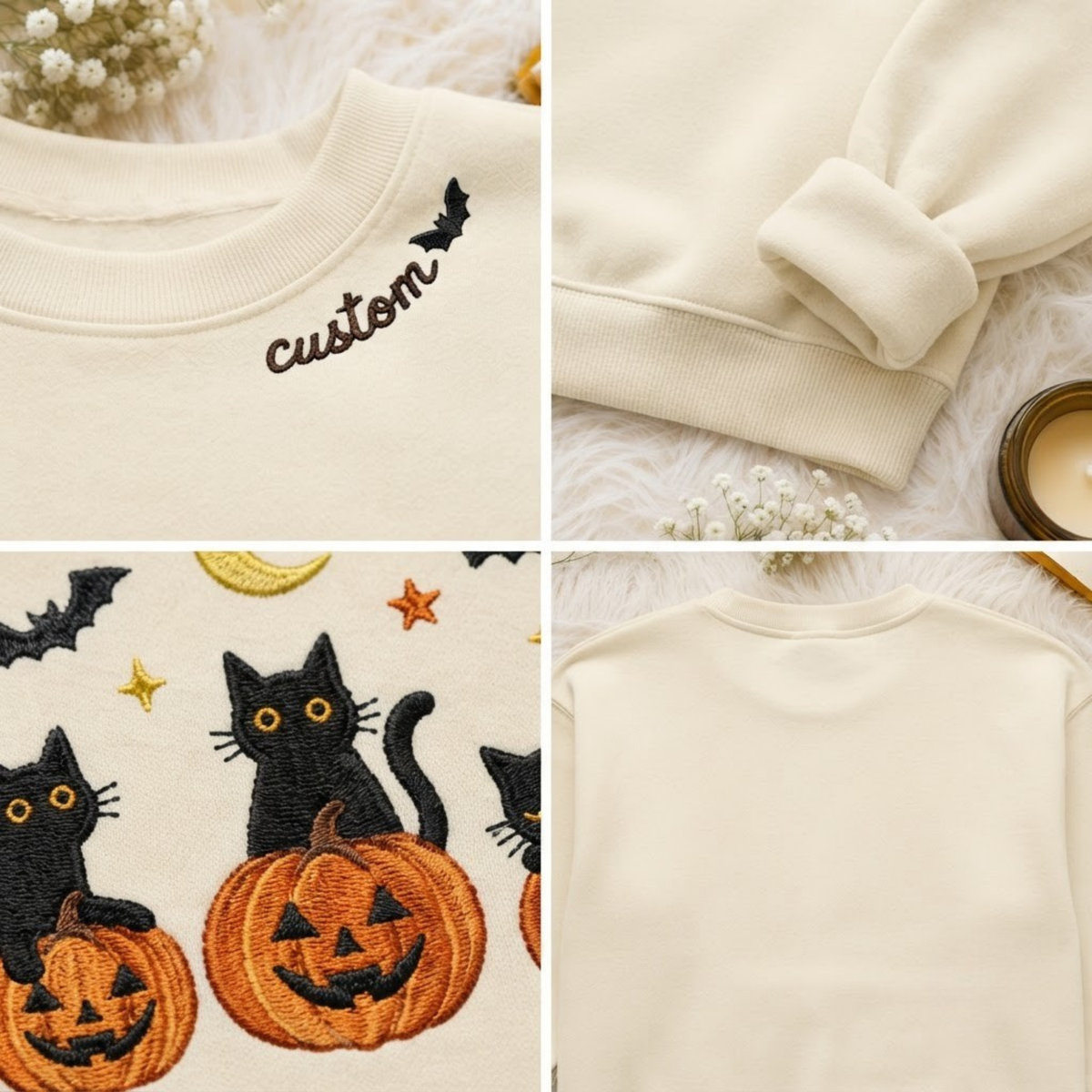 Chaotic Club Embroided Spooky Black Cats Jack O Lanterns Custom Neckline Crewneck Sweatshirt