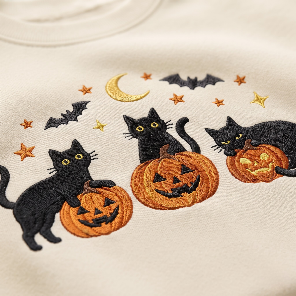 Chaotic Club Embroided Spooky Black Cats Jack O Lanterns Custom Neckline Crewneck Sweatshirt
