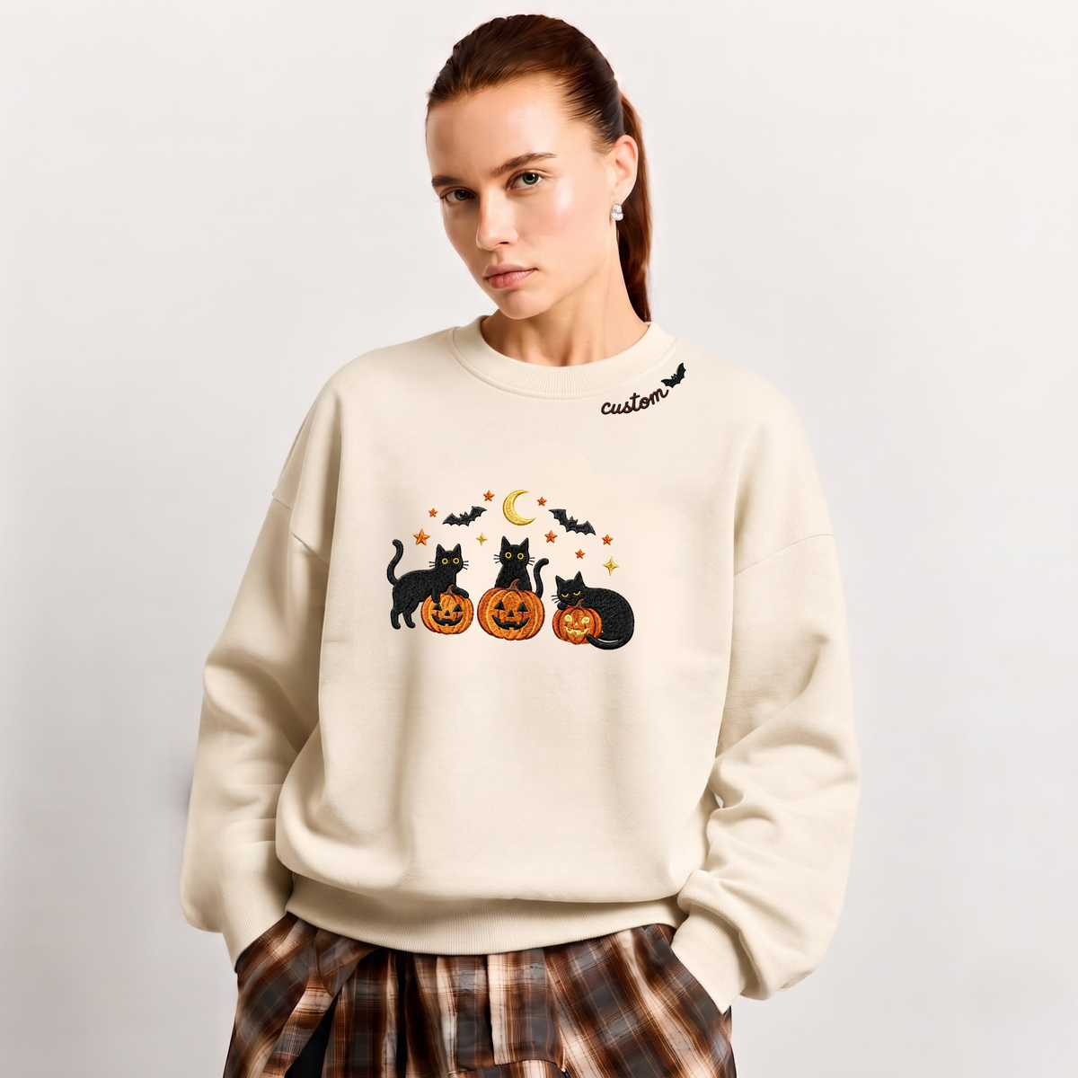 Chaotic Club Embroided Spooky Black Cats Jack O Lanterns Custom Neckline Crewneck Sweatshirt