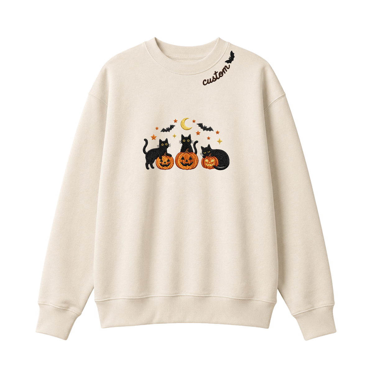 Chaotic Club Embroided Spooky Black Cats Jack O Lanterns Custom Neckline Crewneck Sweatshirt